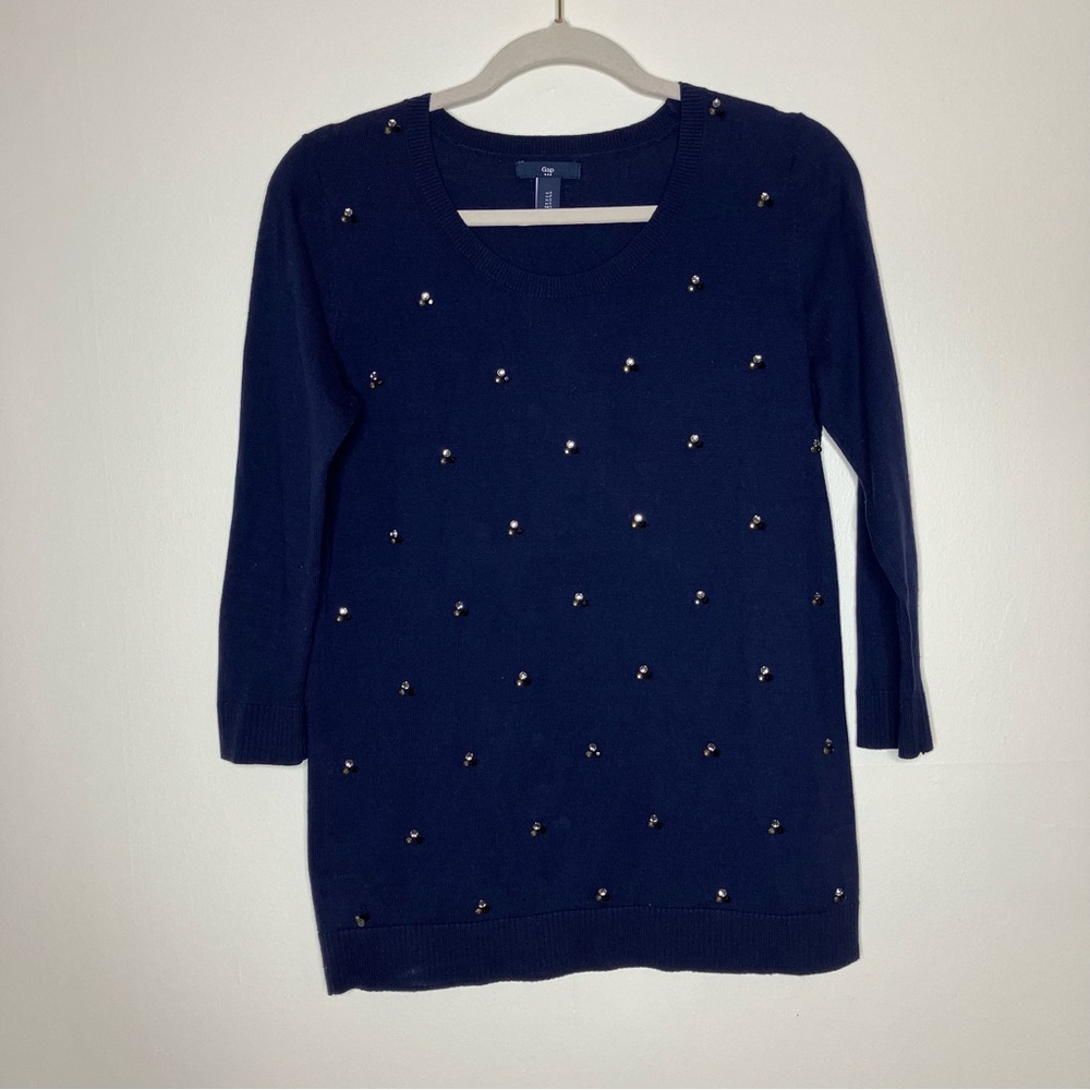 Gap navy blue cotton 3/4 sleeve scoop neck jeweled sweater top S